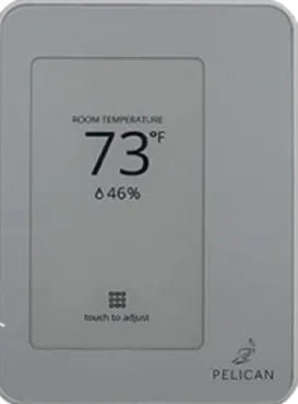 Wall-mounted smart thermostat showing 73 degrees, part of an energy management system