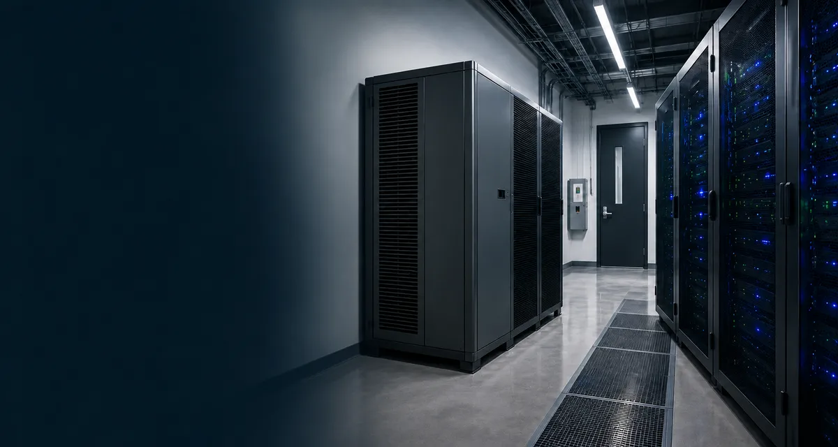 Dark server room corridor lined with equipment racks