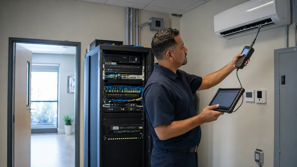 Technician with a tablet beside a wall-mounted air conditioner in an IT room