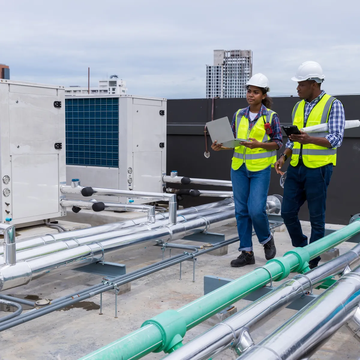 Two workers in safety vests and hard hats inspecting industrial piping and mechanical equipment