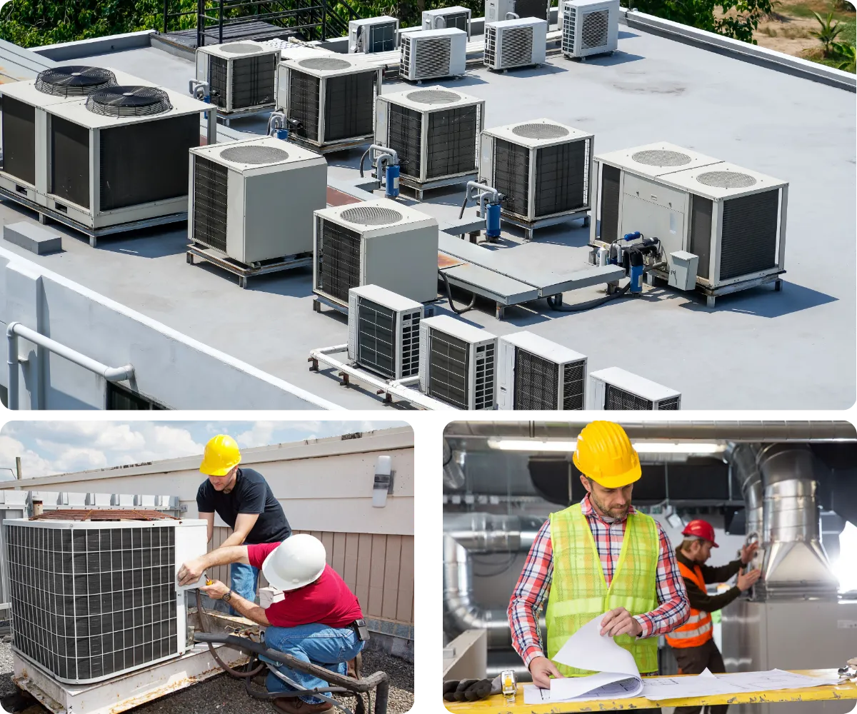 Rows of commercial rooftop HVAC units, with technicians servicing a condenser and reviewing plans in a mechanical room